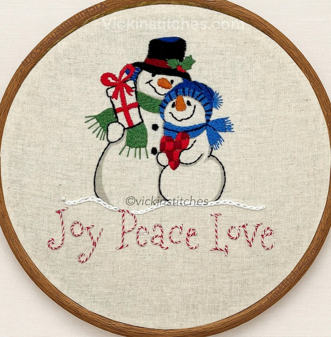 8" Snowman Couple 'Joy Peace Love' Embroidery Kit