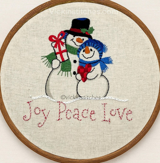 8" Snowman Couple 'Joy Peace Love' Embroidery Kit