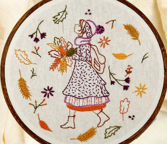 8” Autumn Girl Leaf Embroidery Wall Decor Kit
