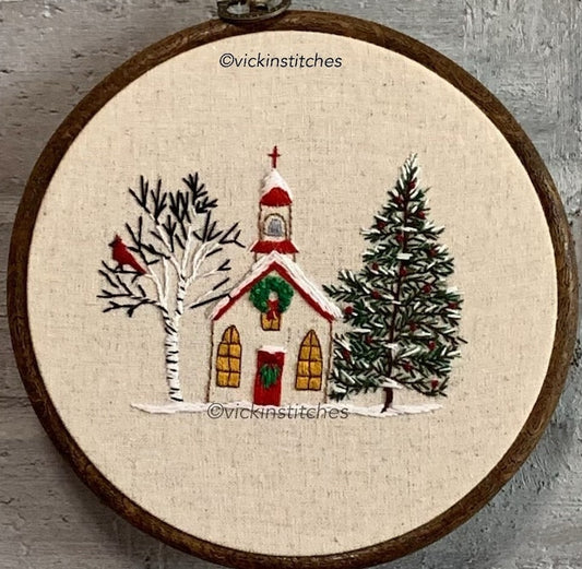 6" The Christmas Church in Winter, Cardinal Bird Embroidery Kit