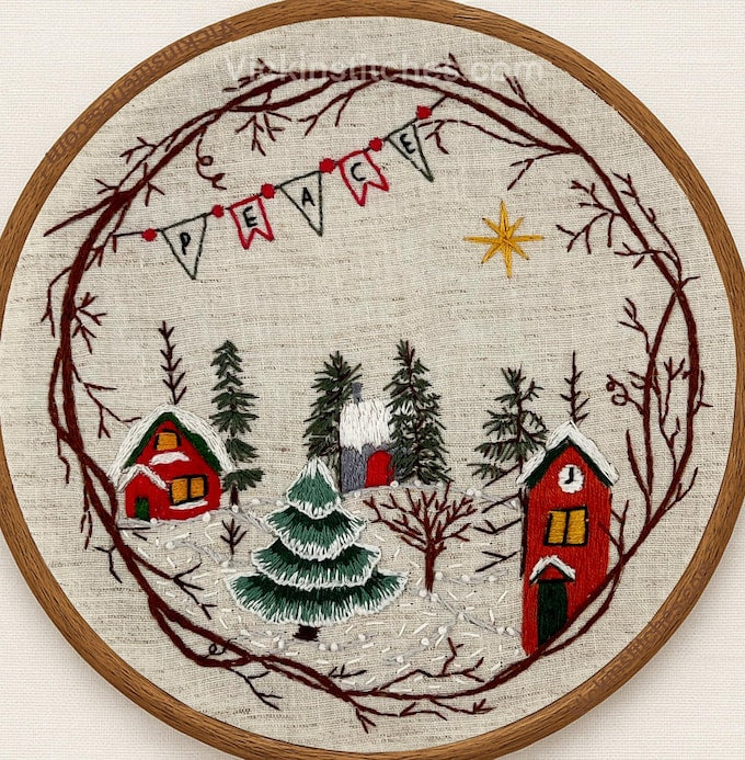 8” Christmas Village Grapevine Wreath Embroidery Kit