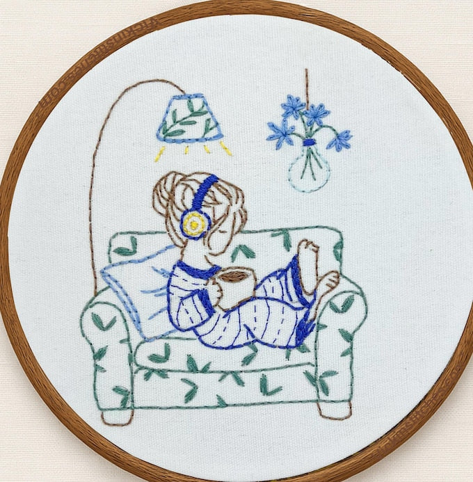 Girl with Coffee embroidery kit for beginners, headphones, fun simple embroidery