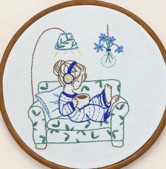 Girl with Coffee embroidery kit for beginners, headphones, fun simple embroidery