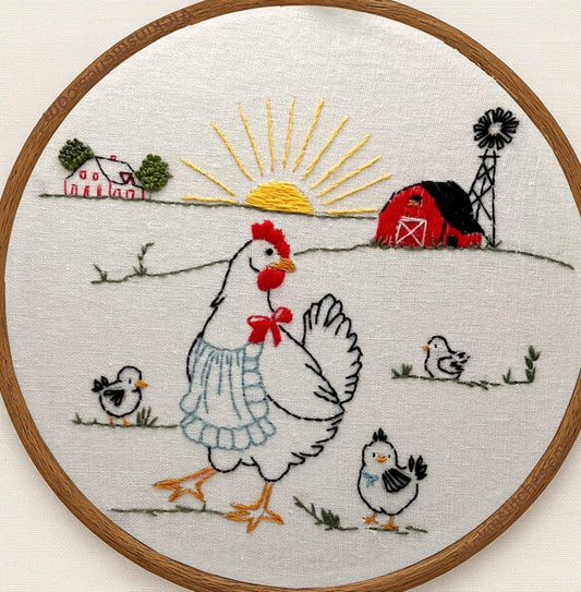 Farmyard chicken Sunrise Embroidery Kit – Hen & Chickens with Barn, Windmill, and Countryside Scene for beginners