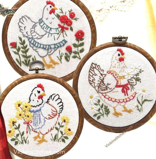 3 pc Chicken hand Embroidery kits for beginners  | Farmhouse Hen wall hanging | Country Kitchen chicken wall Decor | Floral Chicken Hoop Art