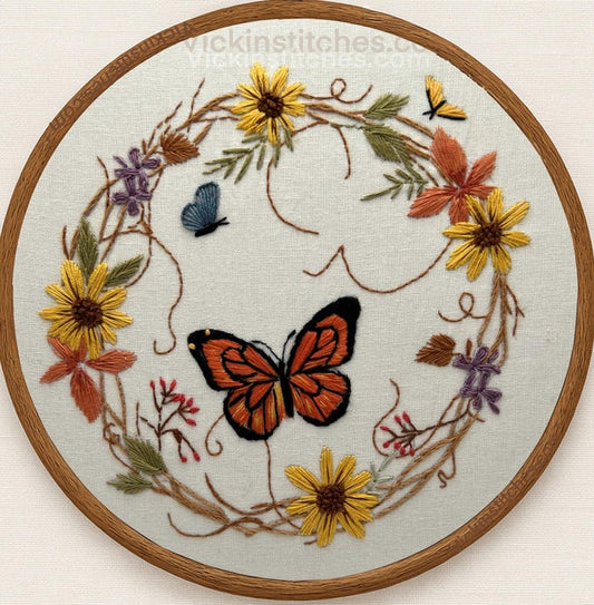 Monarch butterfly Autumn wreath of wildflowers, butterflies & vine . 8” hoop design