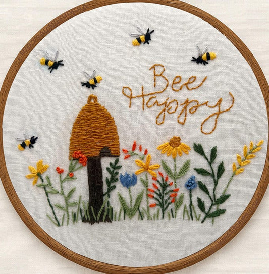 Bee Happy, Bee Hive with wildflowers Embroidery kit, 6” design, vibrant beginner kit
