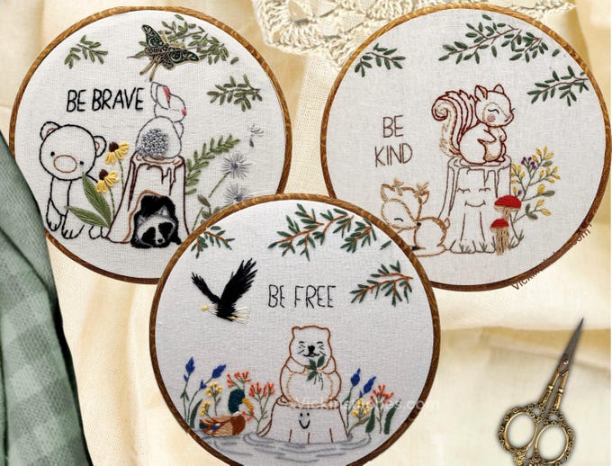 Woodland Animal Embroidery Kit for Beginners - Cute squirrel decor for Baby Nursery or Child's Room. Be kind. Easy hand embroidery kit