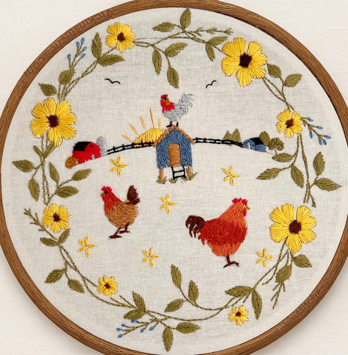 8" chicken coop Country Living Farm Floral Wreath Embroidery Kit