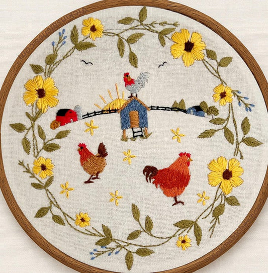 8" chicken coop Country Living Farm Floral Wreath Embroidery Kit