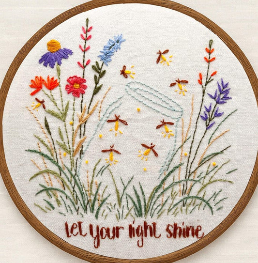 Let Your Light Shine Firefly & Wildflower 8” Embroidery Pattern | DIY Hand Stitch Design