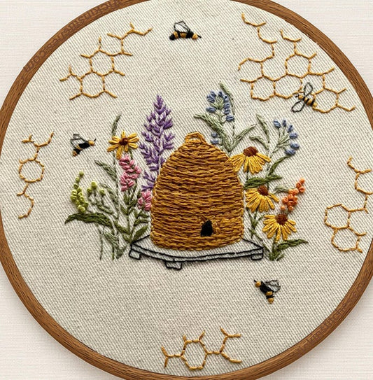 8” Bee Hive Nature, Honey Bee Embroidery Kit