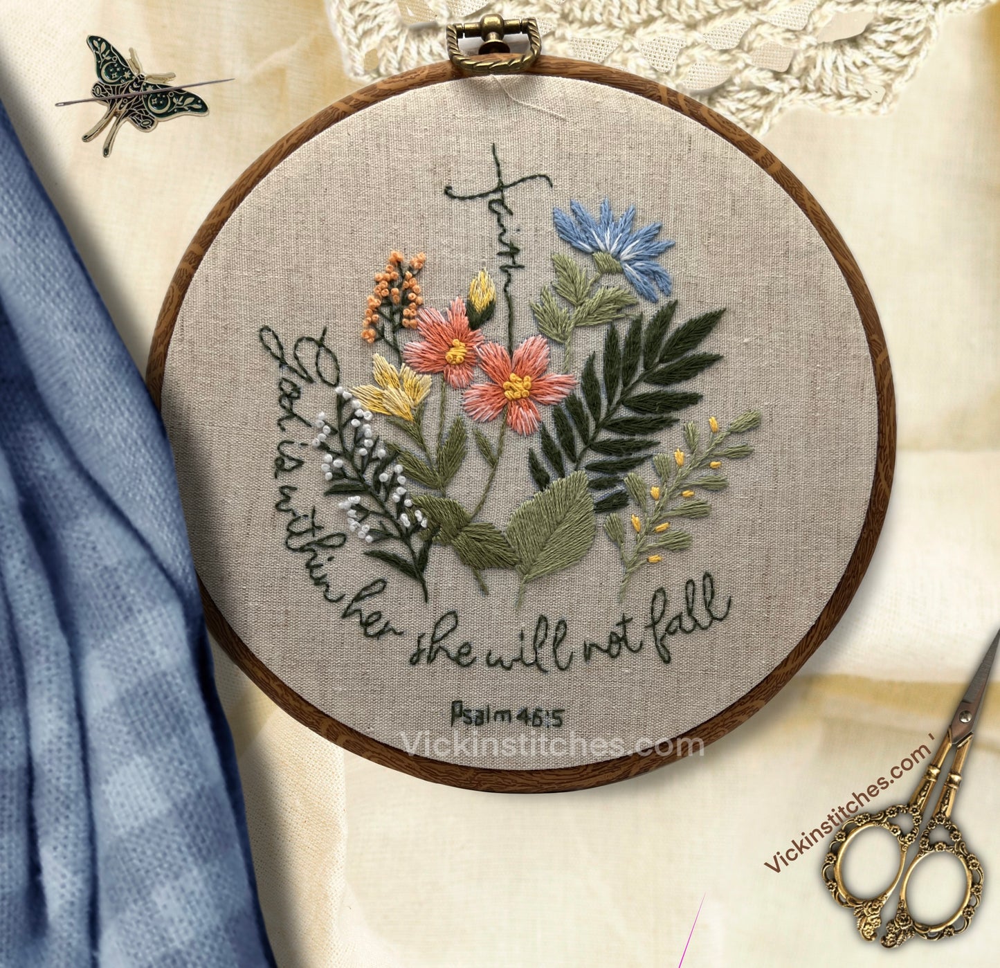 Christian floral embroidery kit for beginners. God is within her Christian embroidery wall decor  Psalm embroidery kit.