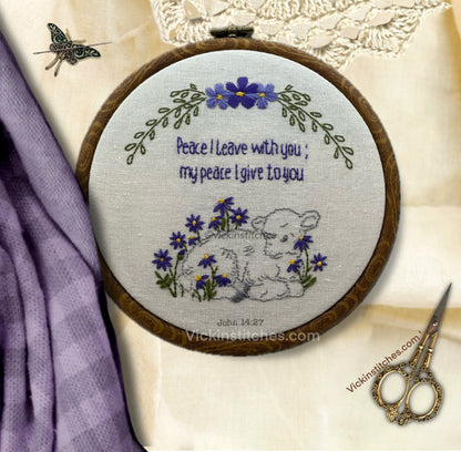 Christian hand embroidery kit for beginners features a lamb among flowers and verse from book of John.  Handmade gift or home decor.