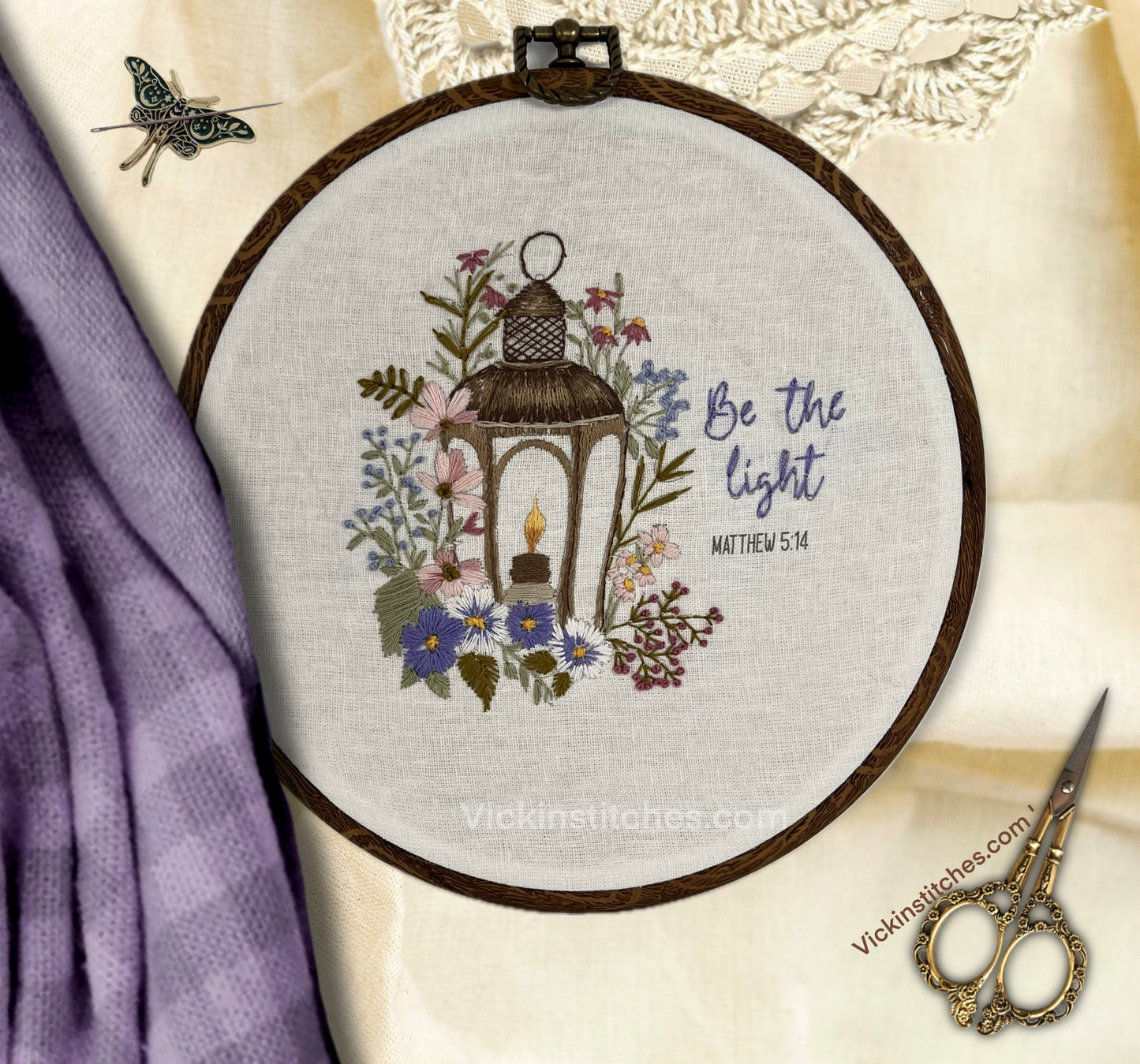 Be the Light, faith lantern candlelight hand embroidery kit for beginners.  Craft kit. Christian embroidery patterns