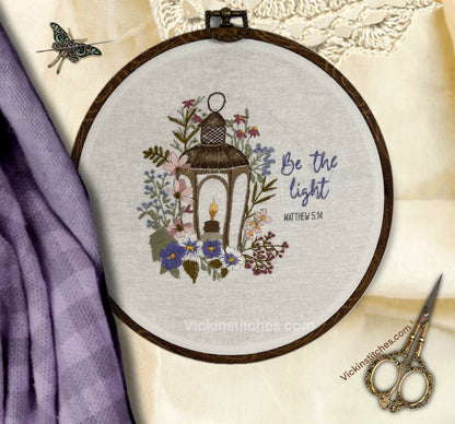 Be the Light, faith lantern candlelight hand embroidery kit for beginners.  Craft kit. Christian embroidery patterns