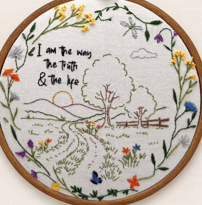 I Am the Way” Embroidery Kit – Scenic Scripture Garden Path Design – Hand Embroidery Pattern with Floral Border & Bible Quote DIY Wall Art