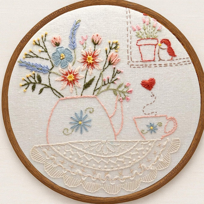 Floral Teapot Embroidery Hoop Art | Hand Stitched Kitchen Decor | Vintage Cottagecore Wall Hanging | Tea Lover Gift Idea lace doily