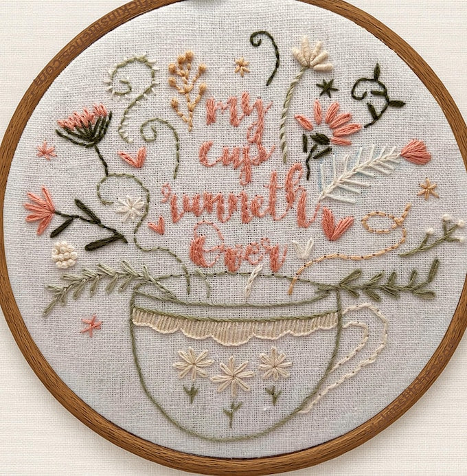 My Cup Runneth Over Embroidery Kit - Floral Hand Embroidery Hoop Art - Christian DIY Stitch Kit - Faith Gift for Her - Home Decor