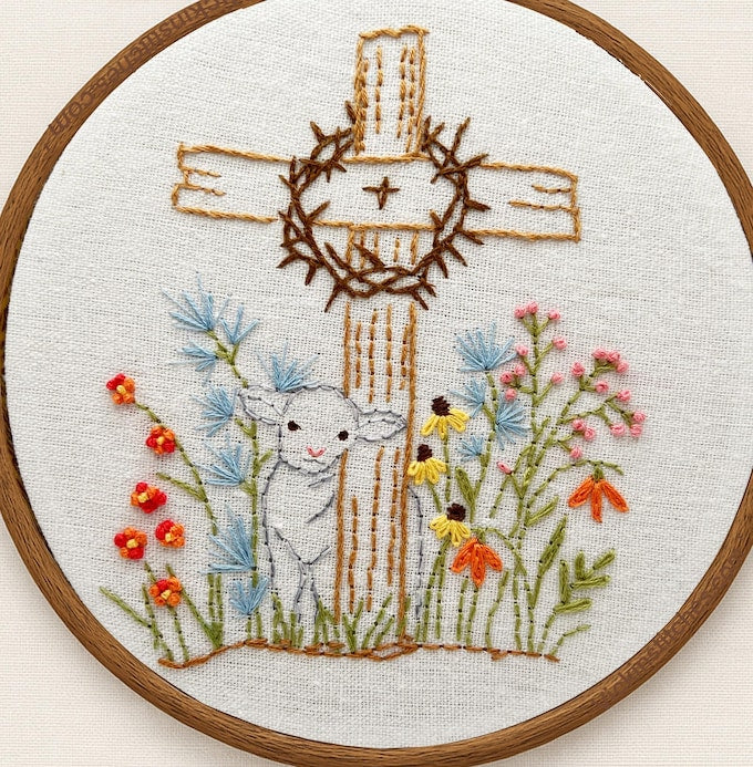 He Is Risen Embroidery Kit for beginner - Easter Christian Cross & Lamb Hand Stitch DIY Hoop Art - Religious Floral Needlework Gift