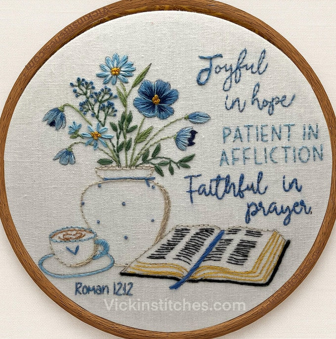 Christian scripture blue  floral embroidery kit for beginners. Faithful in prayer. Romans.  embroidery wall decor  Psalm embroidery kit.