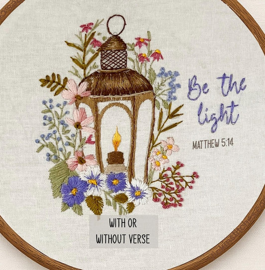 Be the Light, faith lantern candlelight hand embroidery kit for beginners.  Craft kit. Christian embroidery patterns