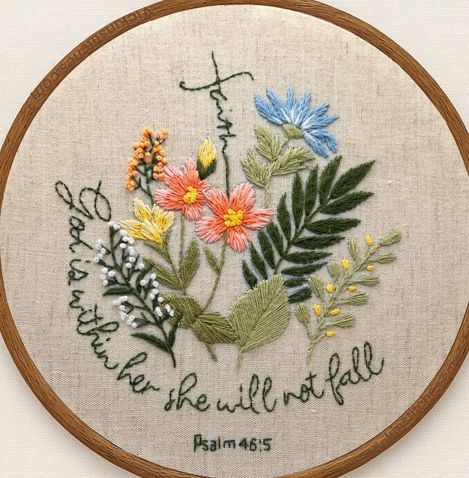 Christian floral embroidery kit for beginners. God is within her Christian embroidery wall decor  Psalm embroidery kit.