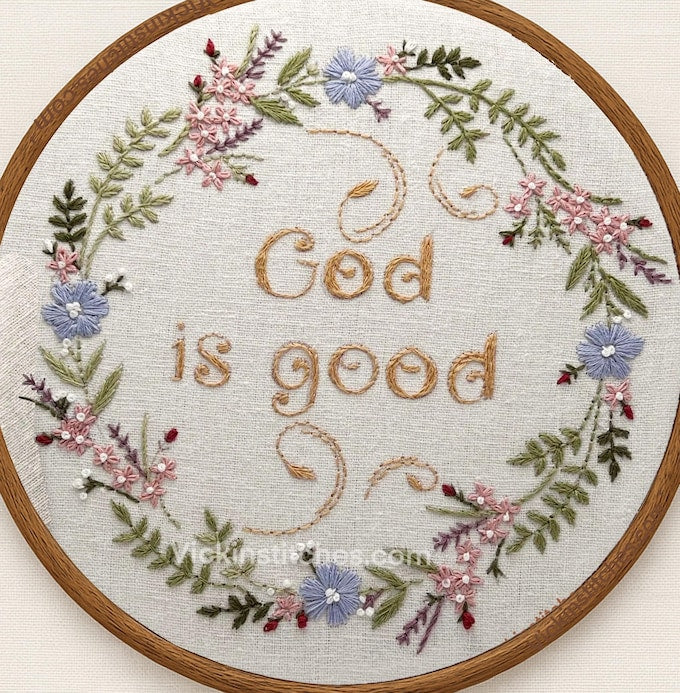 God is Good floral wreath Embroidery Kit for Beginners. Tiny wreath of flowers surrounding the caption God is Good  with ring flowers