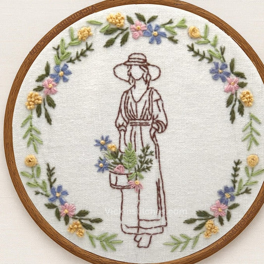 English garden lady floral wreath Embroidery Kit for Beginners. Antique Gardener with ring flowers