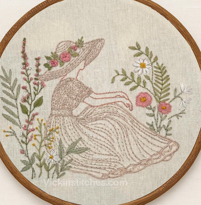 Lace clothed lady in garden setting floral Embroidery Kit for Beginners. Girl in lace dress