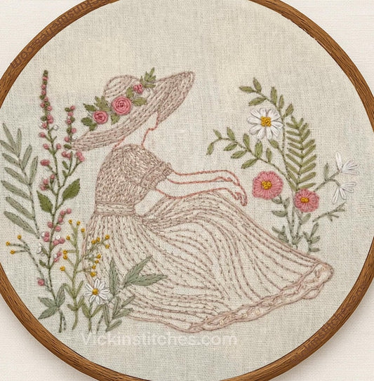 Lace clothed lady in garden setting floral Embroidery Kit for Beginners. Girl in lace dress