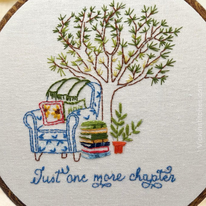 Just One More Chapter” Embroidery Kit - Beginner Friendly, 6” Hoop, Cozy Reading Nook Design, Complete DIY Kit