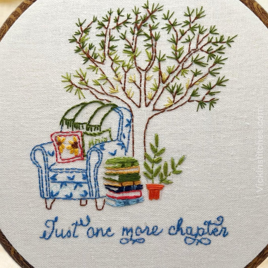 Just One More Chapter” Embroidery Kit - Beginner Friendly, 6” Hoop, Cozy Reading Nook Design, Complete DIY Kit