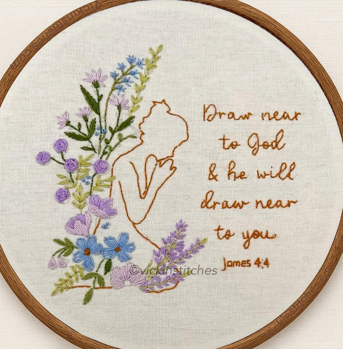 8” Christian Woman Floral Hand Embroidery Kit for Beginners