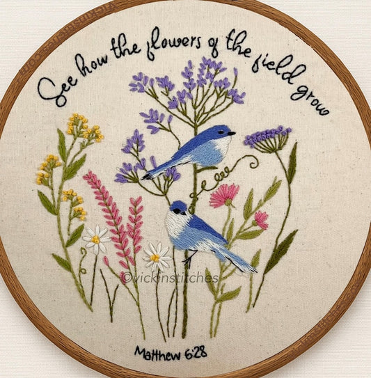 Blue birds and wildflowers Christian embroidery kit for beginners