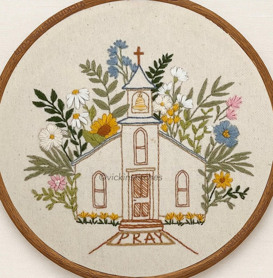8” Floral Church  Christian Embroidery Kit for beginners