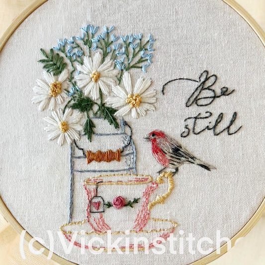 6" Bird and Teacup Floral 'Be Still' Embroidery Kit
