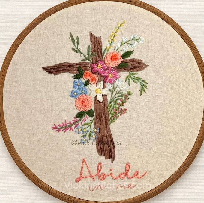 8” Abide, Rustic Cross Old Rugged Christian Cross Embroidery kit