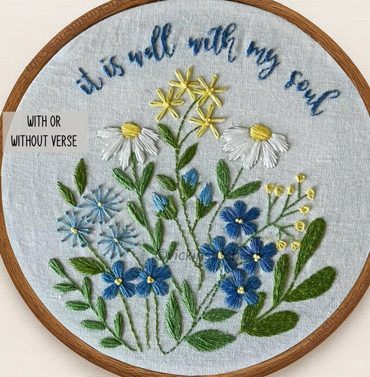 It’s is well with my soul Embroidery kit in blues. Field of flowers in  blue.