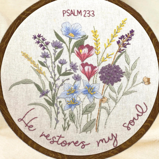 Psalm 23 - he restores my soul Christian wildflower embroidery kit in antique hues