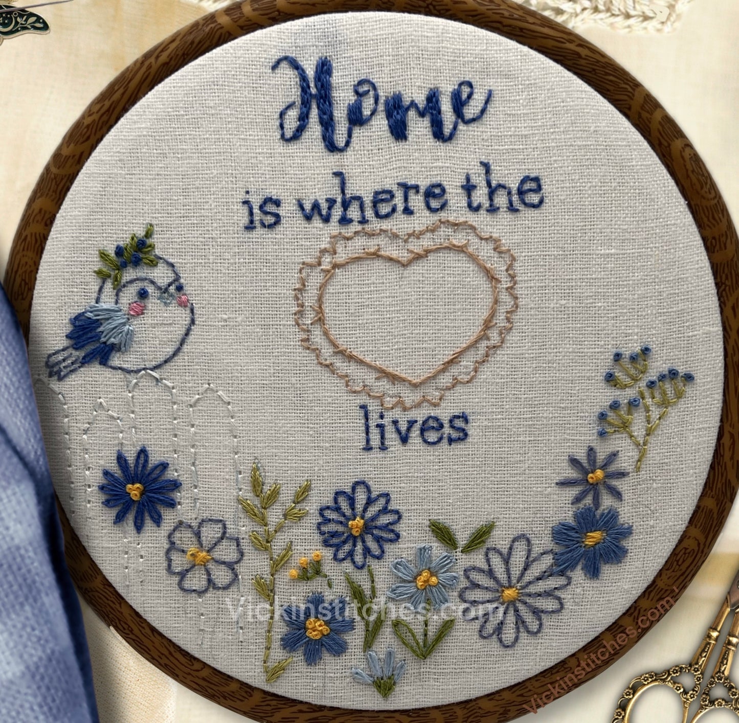 Bluebird & flowers embroidery kit for beginners. Home is where the heart lives. wall decor handmade embroidery kit. vintage home decor