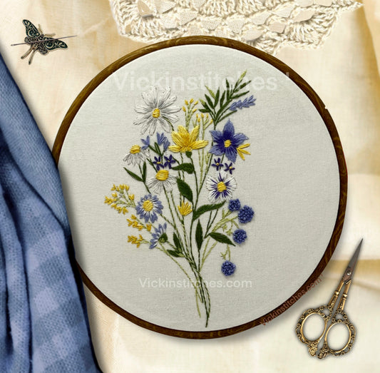 Wildflower daisy hand Embroidery kit for beginners . Christian hand embroidery decor . Craft kit . Complete embroidery kit yellow white blue