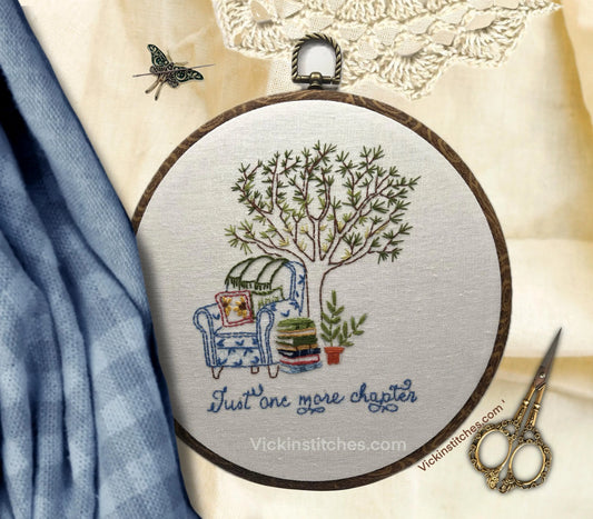 Just One More Chapter” Embroidery Kit - Beginner Friendly, 6” Hoop, Cozy Reading Nook Design, Complete DIY Kit