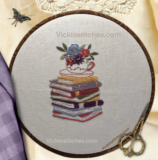 Stack of books, tea & me embroidery kit - 8” hoop design