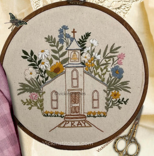 8” Floral Church  Christian Embroidery Kit for beginners