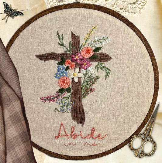 8” Abide, Rustic Cross Old Rugged Christian Cross Embroidery kit