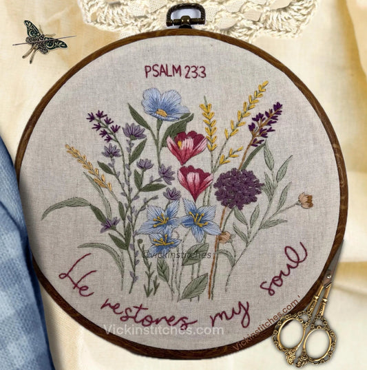 Psalm 23 - he restores my soul Christian wildflower embroidery kit in antique hues