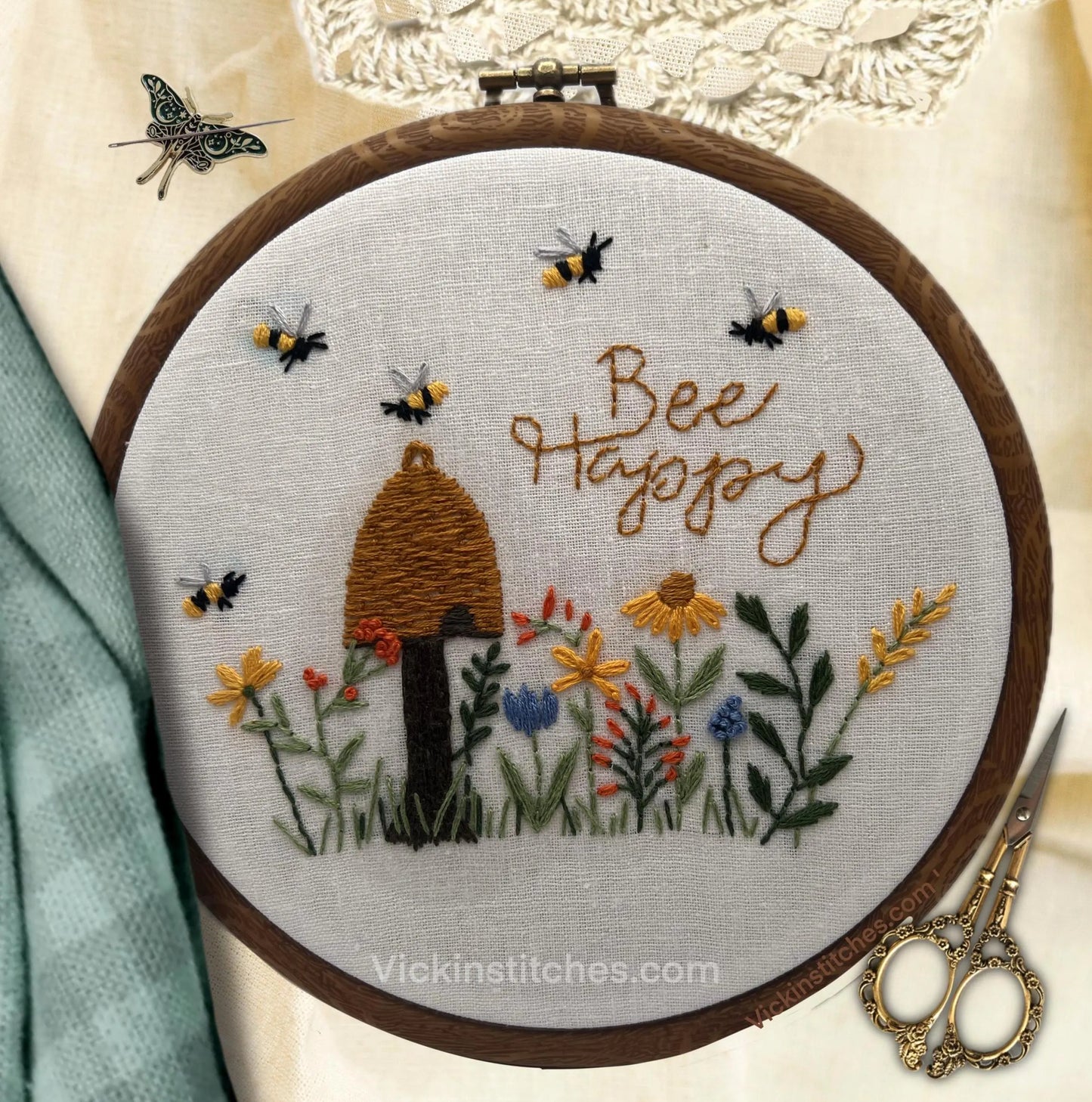 Bee Happy, Bee Hive with wildflowers Embroidery kit, 6” design, vibrant beginner kit