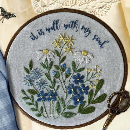 It’s is well with my soul Embroidery kit in blues. Field of flowers in  blue.