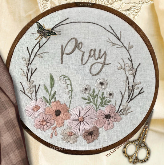 8" Pray Christian Lovely Floral Wreath Embroidery Kit